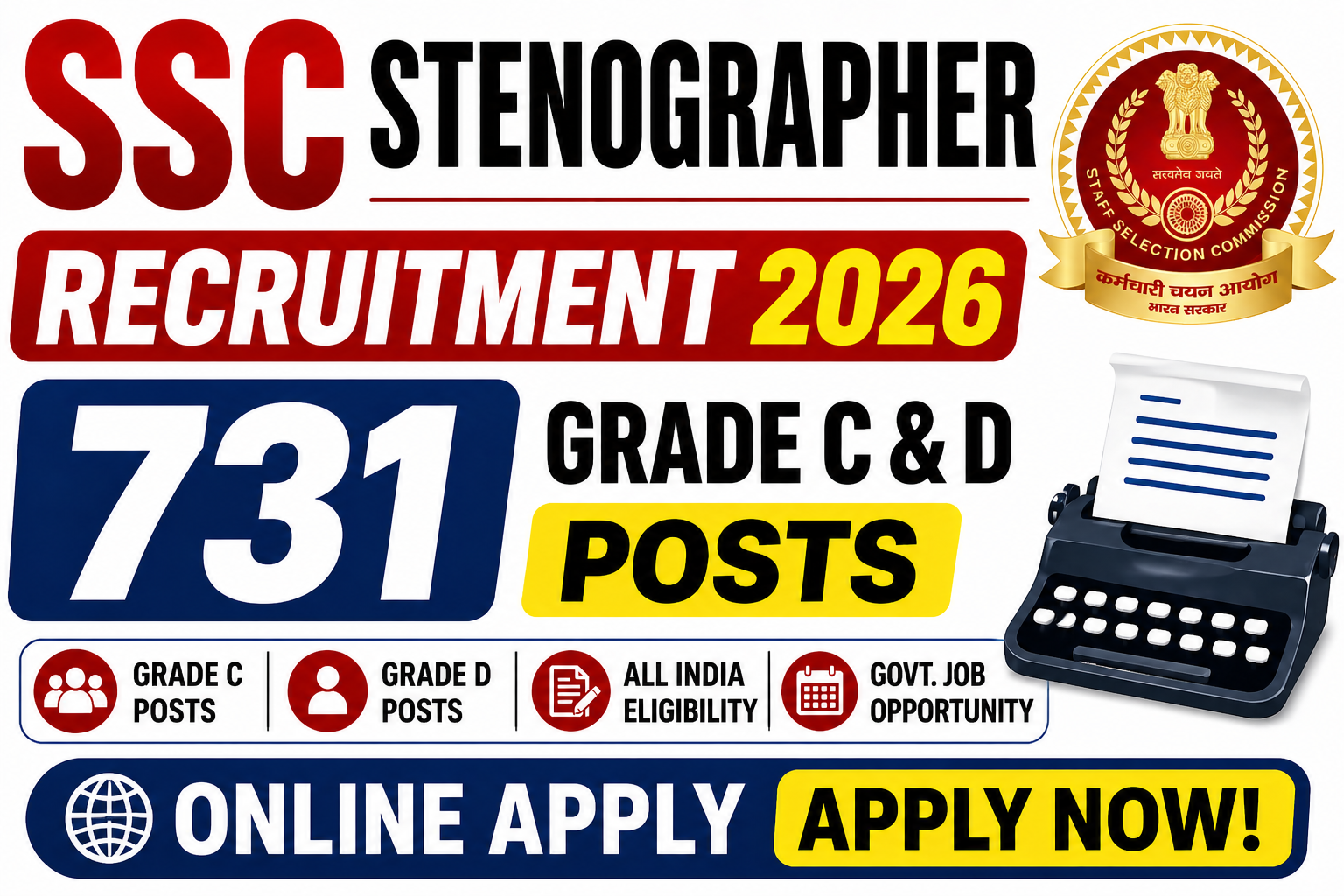 SSC Stenographer Recruitment 2026 – Online Apply for 731 Grade C & D Posts thumbnail