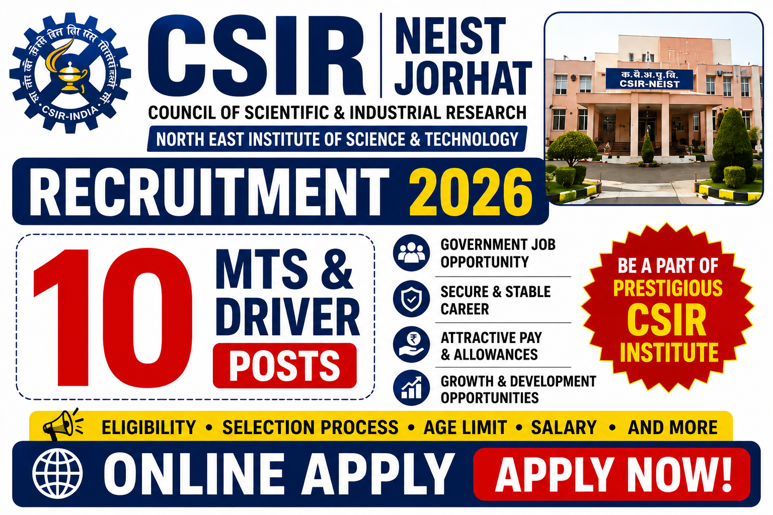 CSIR NEIST Jorhat Recruitment 2026 – 10 MTS & Driver Posts, Online Apply thumbnail