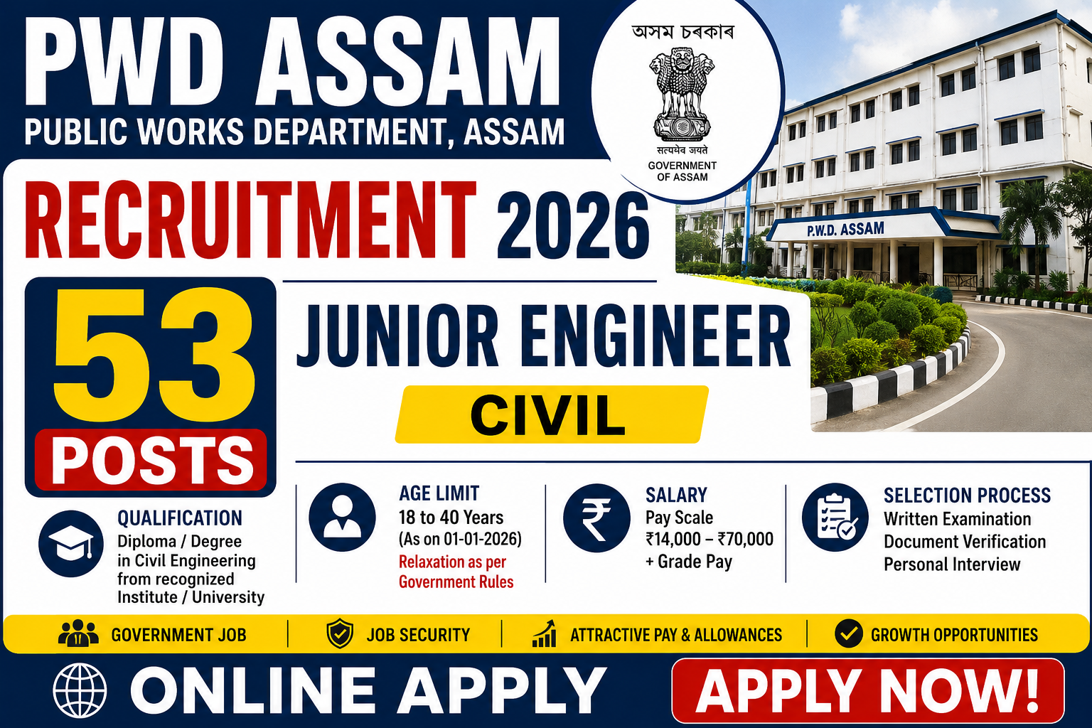 PWD Assam Recruitment 2026 – 53 Junior Engineer Posts, Online Apply thumbnail