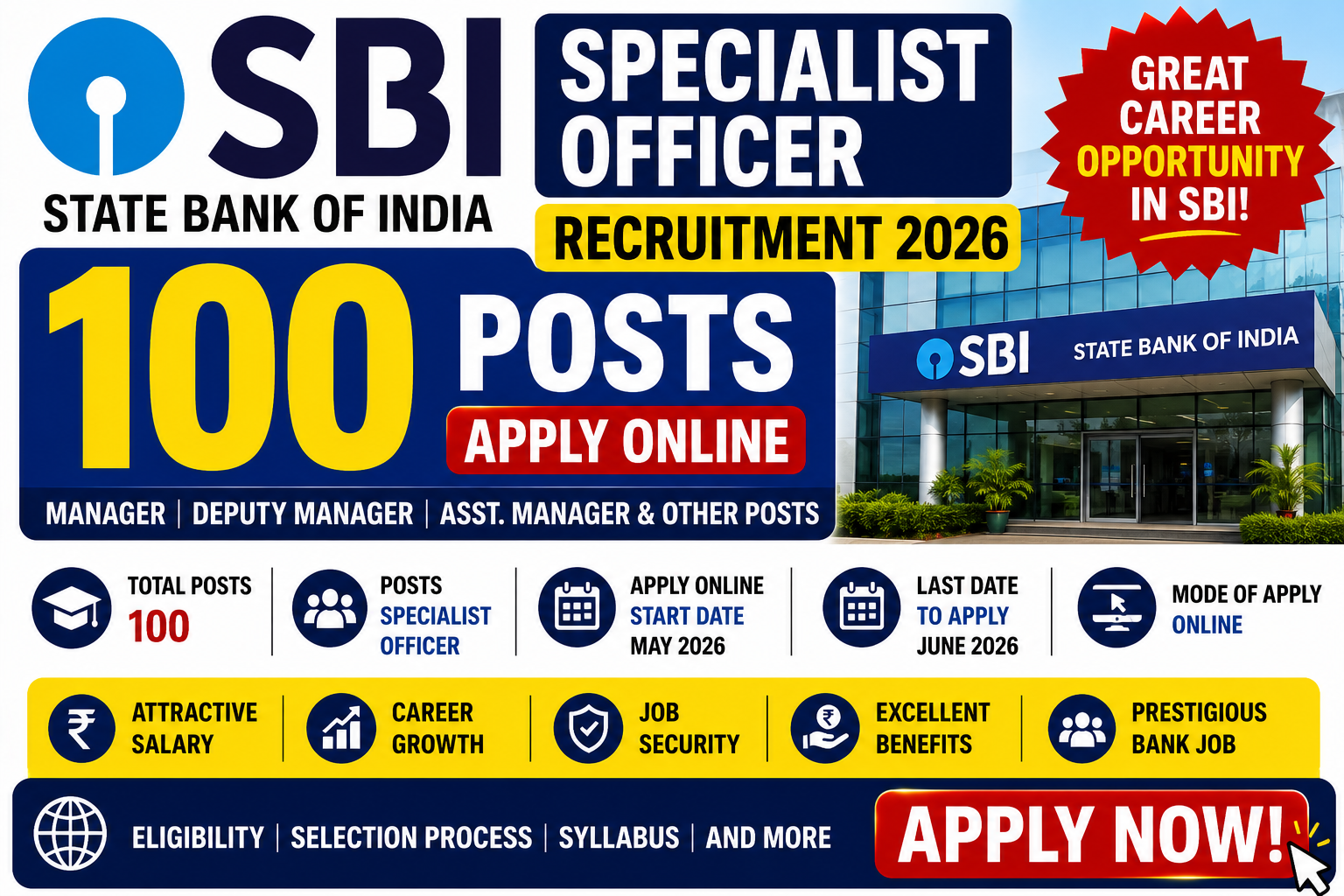 SBI Specialist Officer Recruitment 2026 – 100 Posts, Apply Online thumbnail