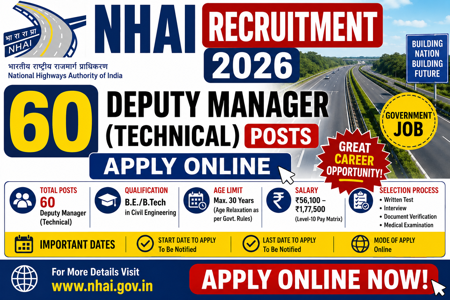 NHAI Recruitment 2026 – 60 Deputy Manager (Technical) Posts, Online Apply thumbnail